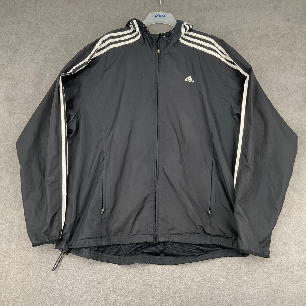 Adidas Windbreaker Jacket Mens XL Black 3 Striped Mesh Lined Full Zip Hooded